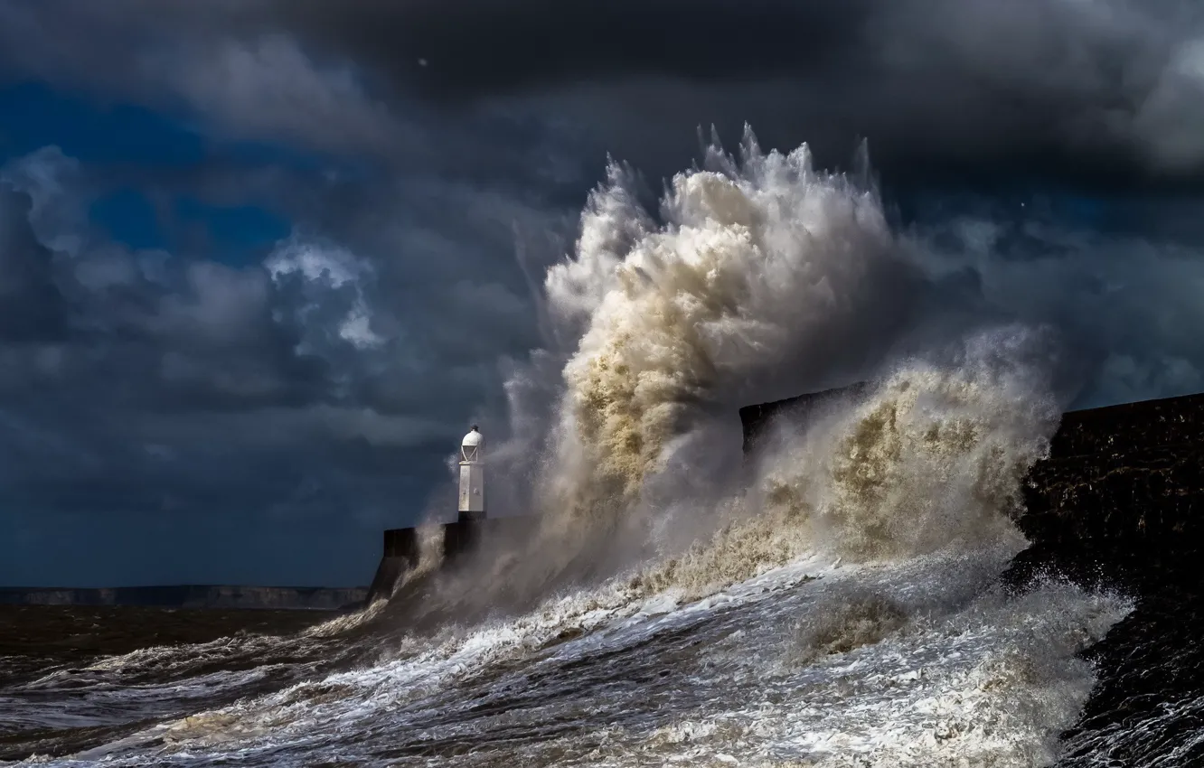 Photo wallpaper waves, storm, sky, sea, coast, nature, water, clouds