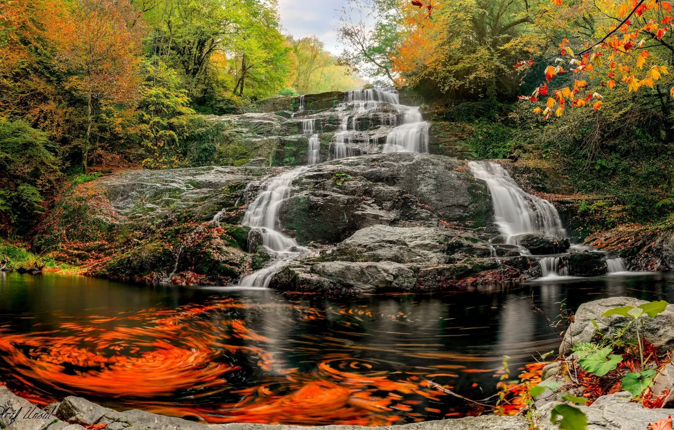 Photo wallpaper autumn, water, rock, waterfall, threads