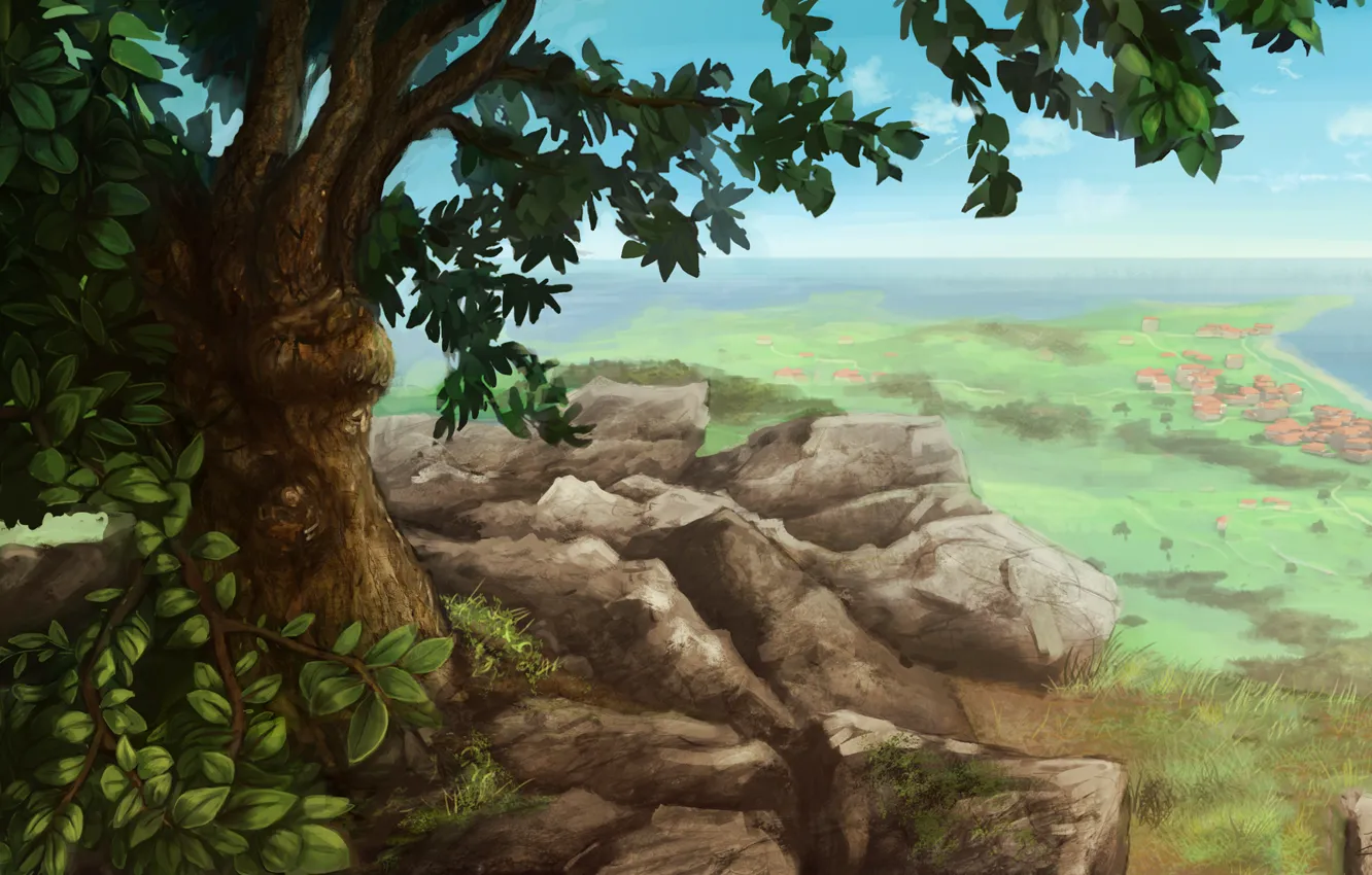 Photo wallpaper trees, landscape, stones, rocks, view, home, settlement