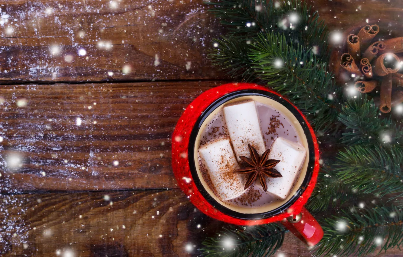 Photo wallpaper snow, New Year, Christmas, Christmas, wood, snow, New Year, cocoa
