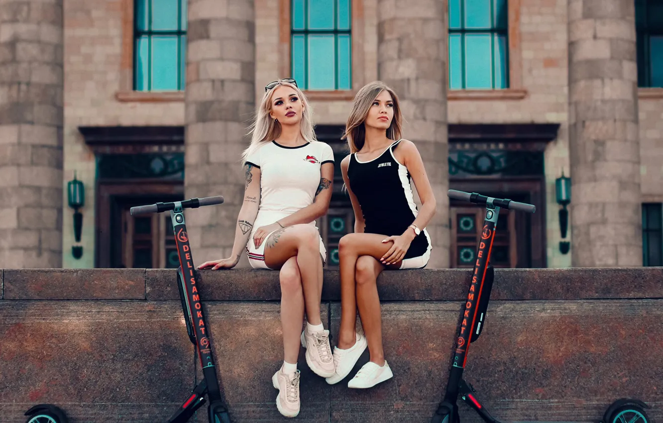 Photo wallpaper model, tattoo, women, brunette, blonde, black dress, white dress, sneakers