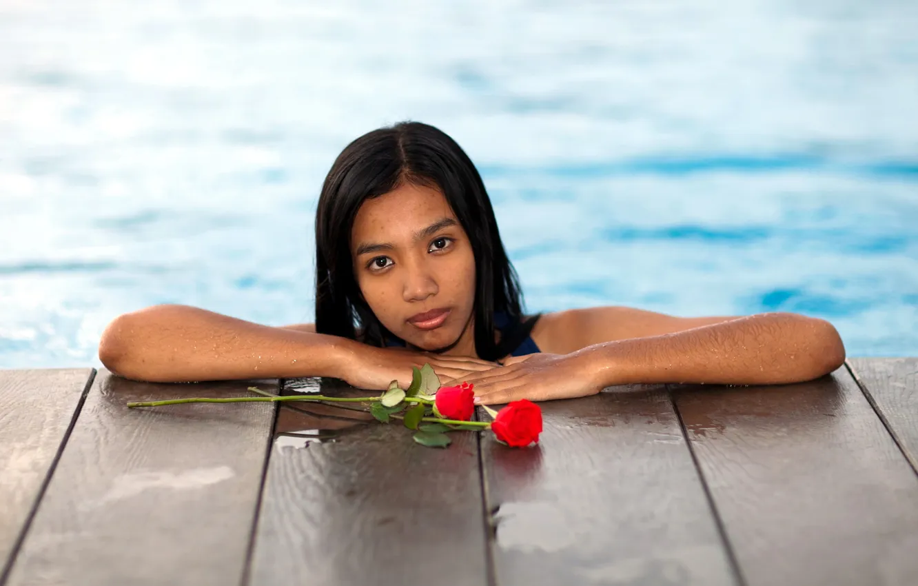 Photo wallpaper water, girl, roses