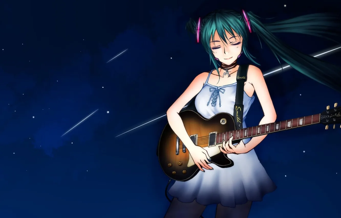 Photo wallpaper the sky, girl, stars, night, guitar, vocaloid, meteorites, hatsune miku