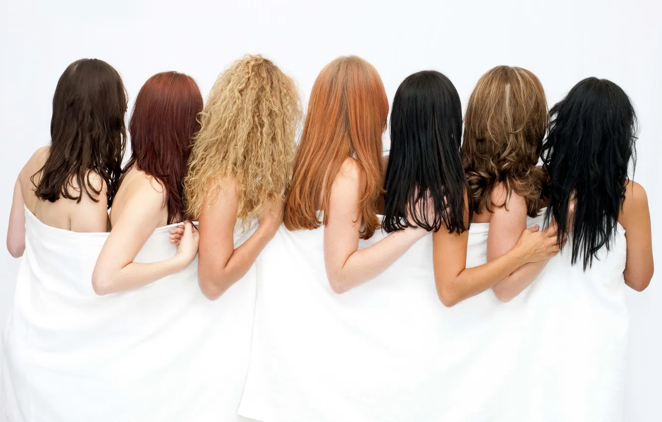 Photo wallpaper hair, seven, white background, blonde, seven, brunette, brown-haired women, brunette