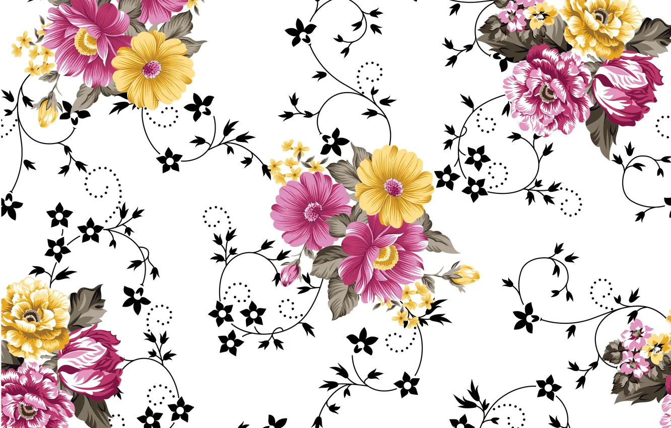 Photo wallpaper white, flowers, background, pattern, yellow, pink, pattern, leaves