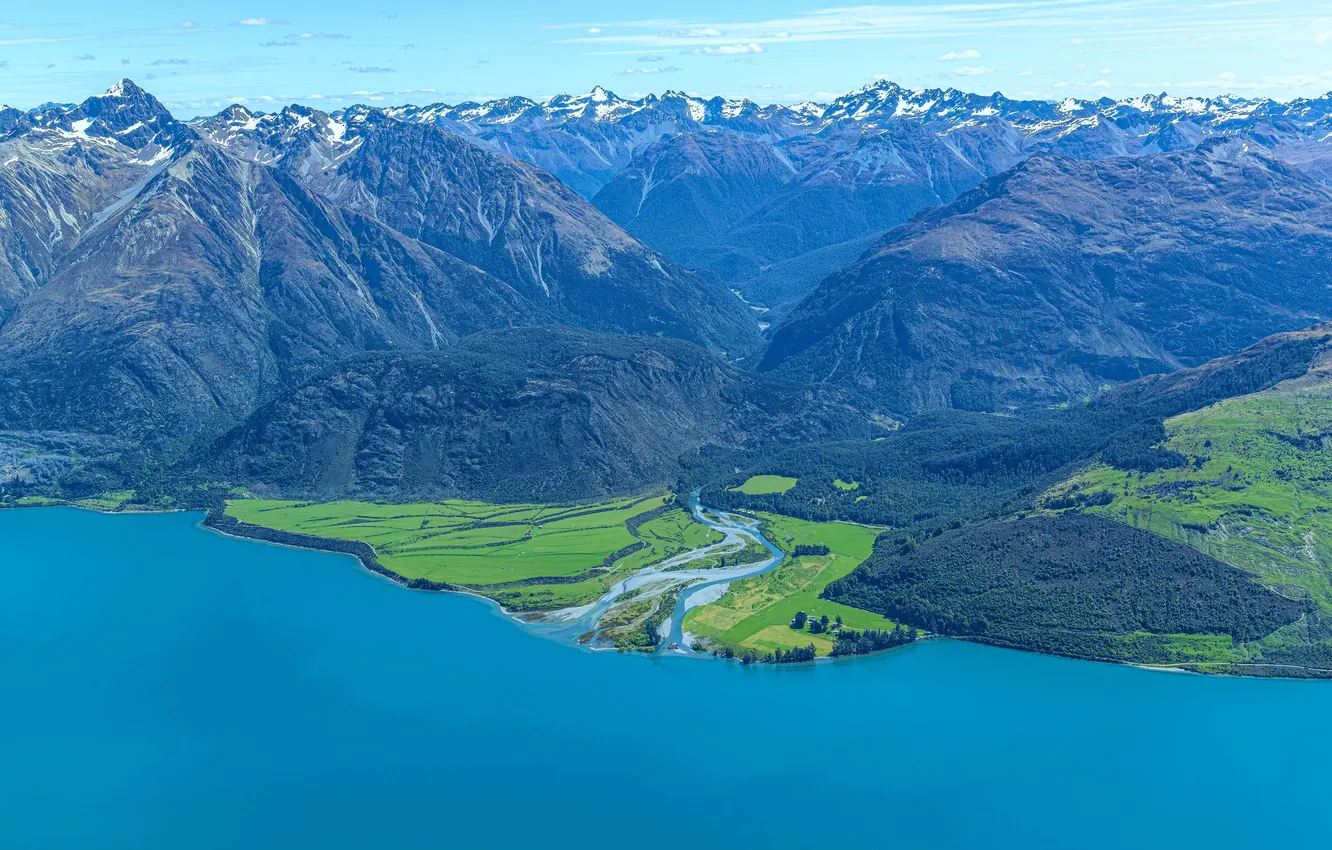 Photo wallpaper forest, trees, landscape, New Zealand, nature, water, mountains, clouds