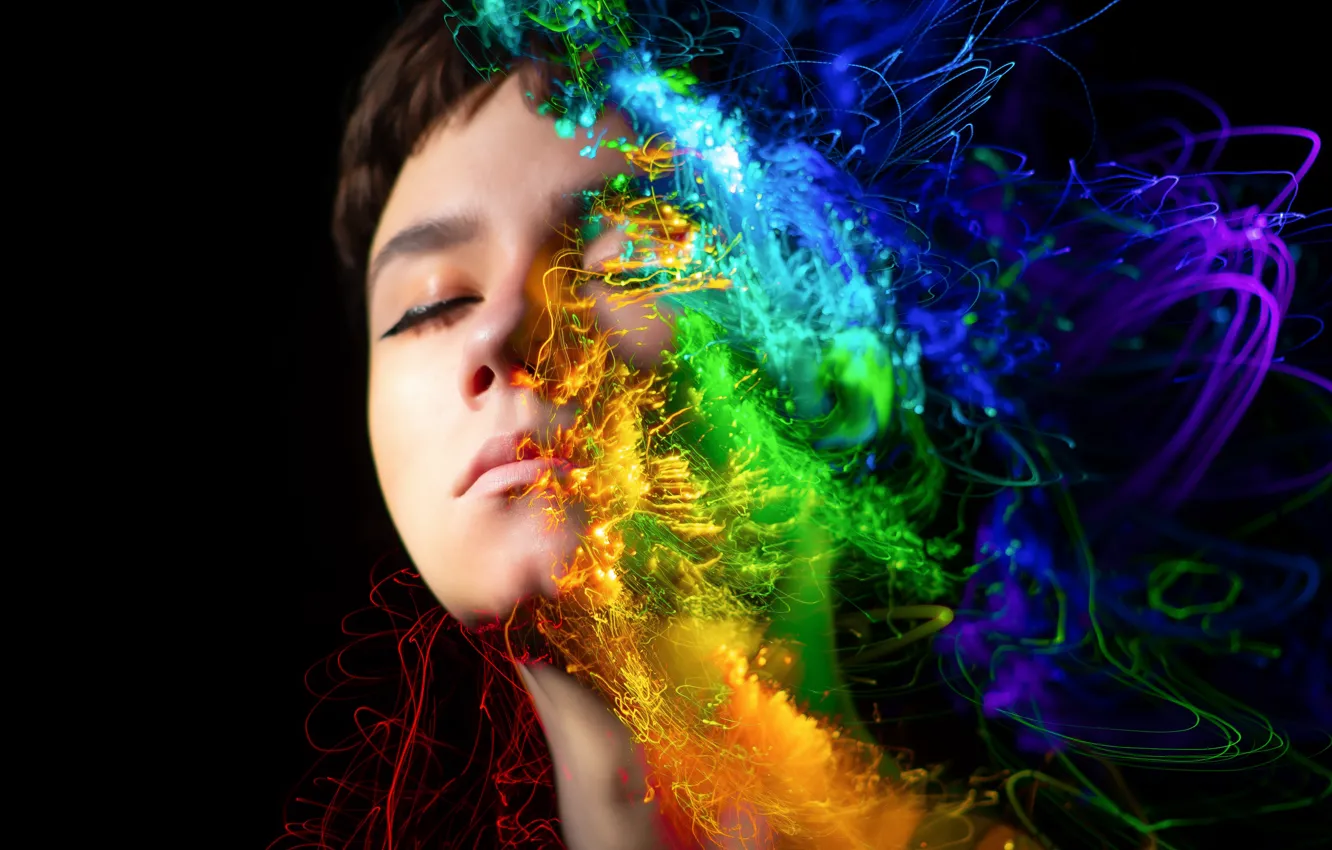 Photo wallpaper purple, girl, light, line, yellow, abstraction, face, green