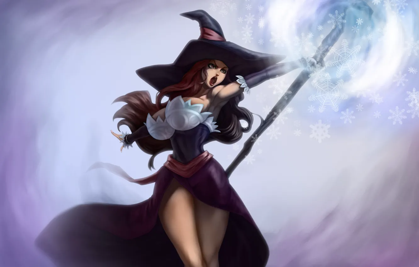 Photo wallpaper chest, girl, feet, hat, dress, Tits, staff, witch