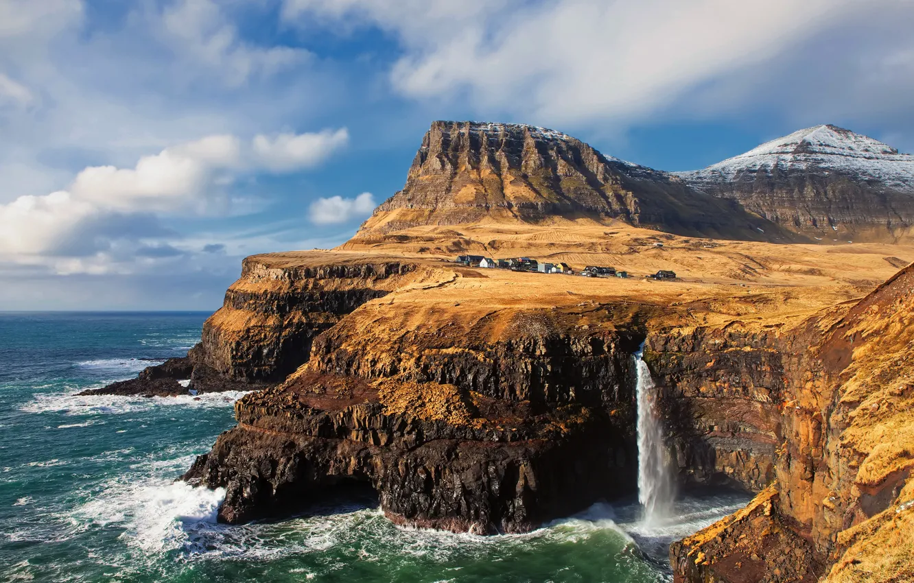 Photo wallpaper sea, rocks, shore, waterfall, house, The Faroe Islands