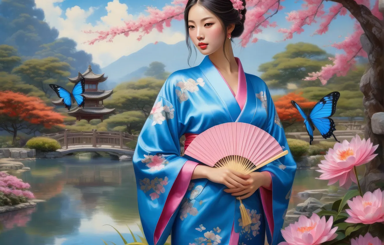 Photo wallpaper look, leaves, girl, trees, butterfly, flowers, pose, pond