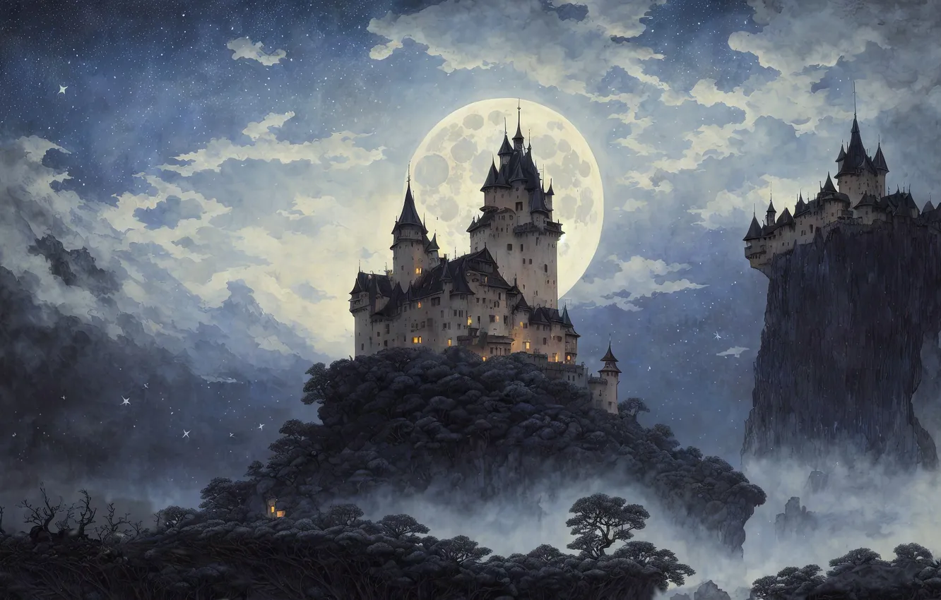 Photo wallpaper the sky, clouds, trees, mountains, night, lights, fog, castle