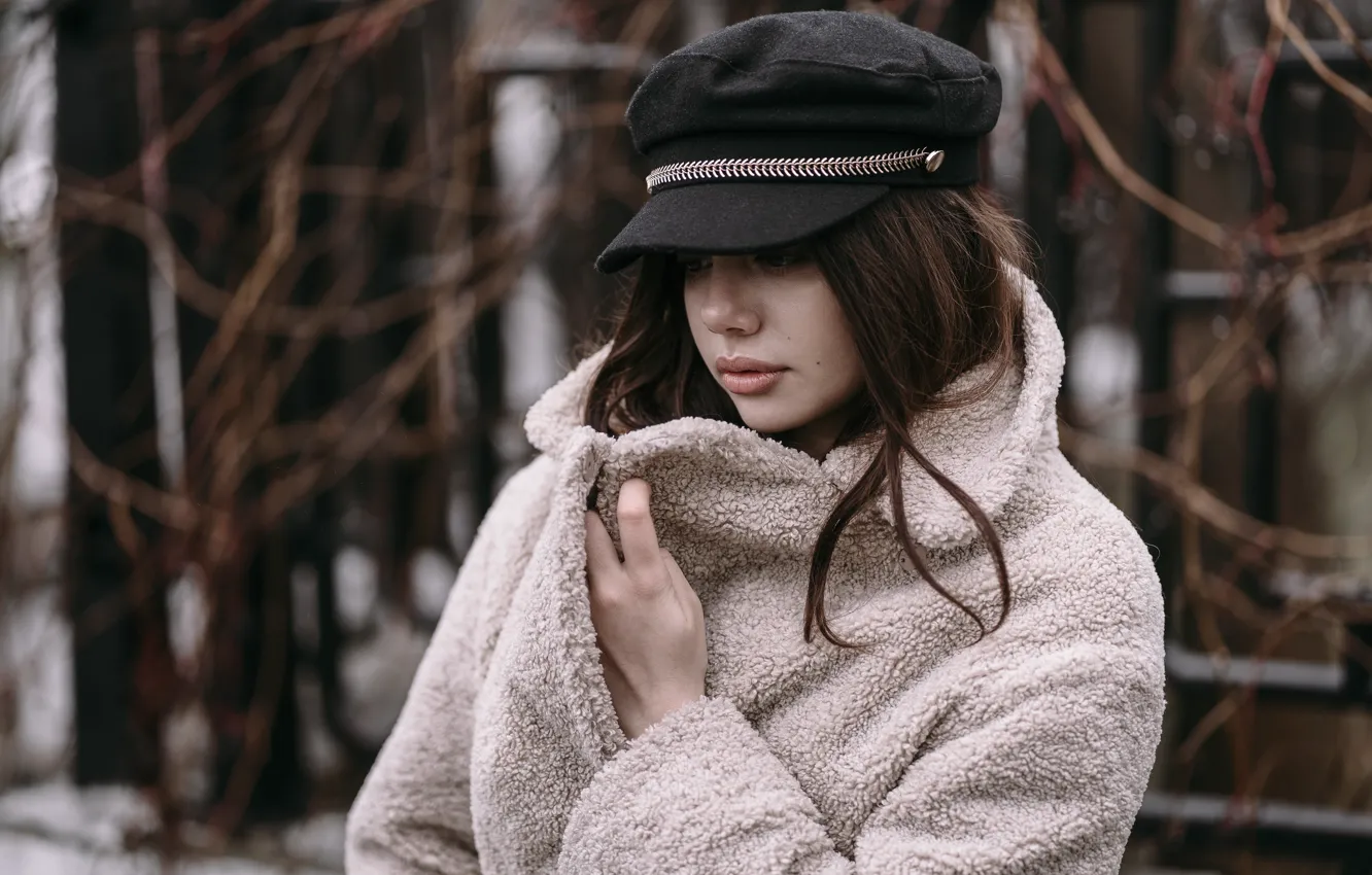Photo wallpaper Alina, cap, brown hair, bokeh, coat, Kirill Sokolov