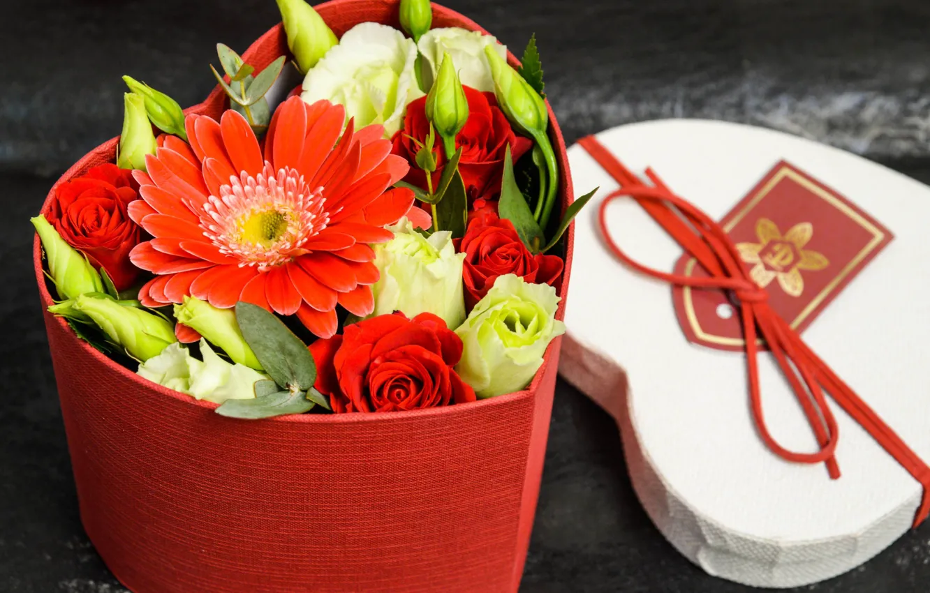 Photo wallpaper box, heart, roses, gerbera, composition