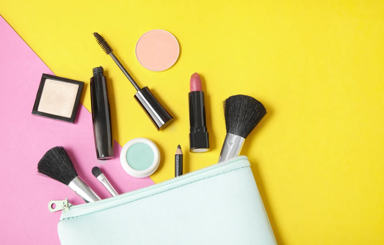 Photo wallpaper yellow, pencils, lipstick, mascara, pink, brush, cosmetics, powder