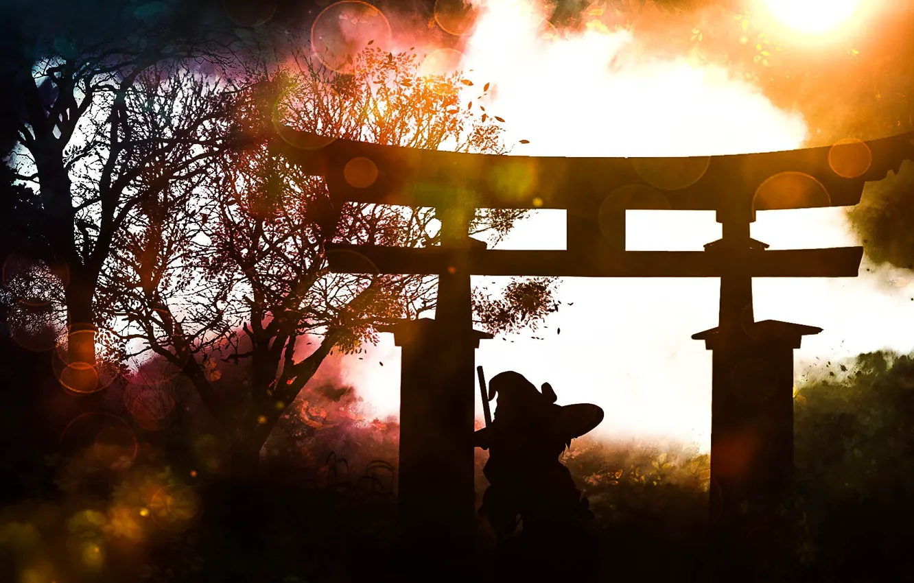 Photo wallpaper girl, the sun, nature, torii, Touhou Project, Marisa Kirisame, by Akyuun