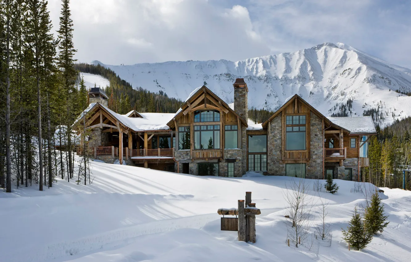 Photo wallpaper winter, forest, snow, mountains, USA, architecture, Montana, Montana