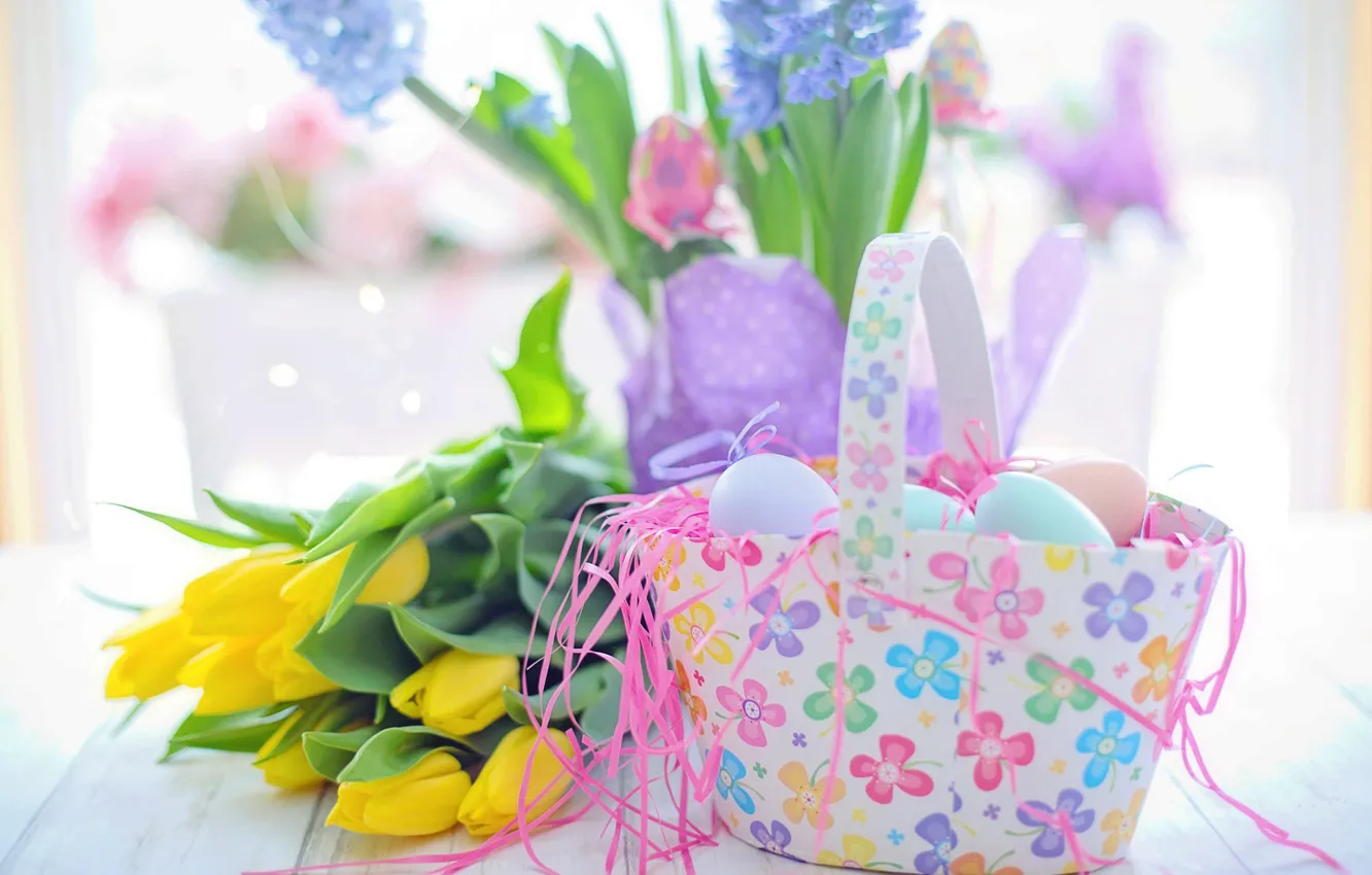 Photo wallpaper flowers, basket, eggs, Easter, tulips, hyacinths