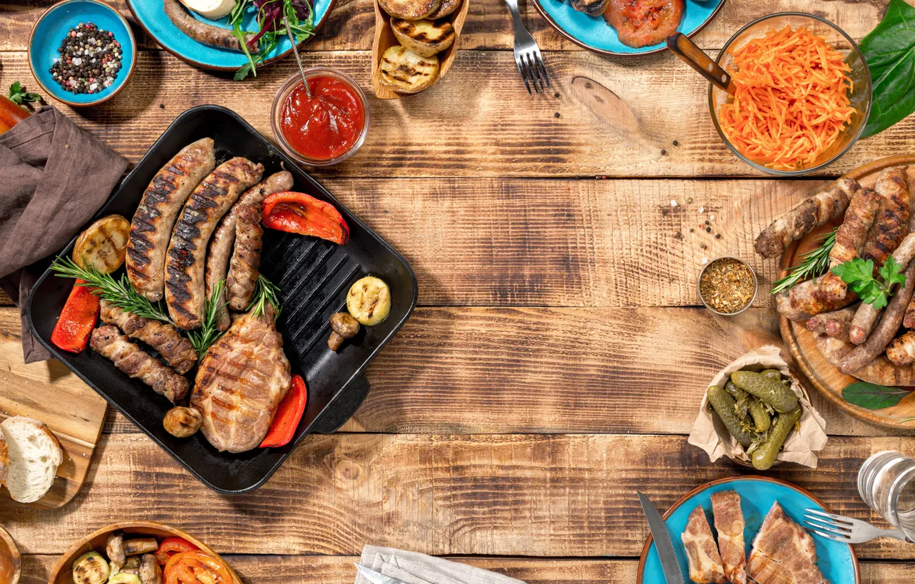 Photo wallpaper meat, BBQ, vegetables, wood, meat, grill, grilled
