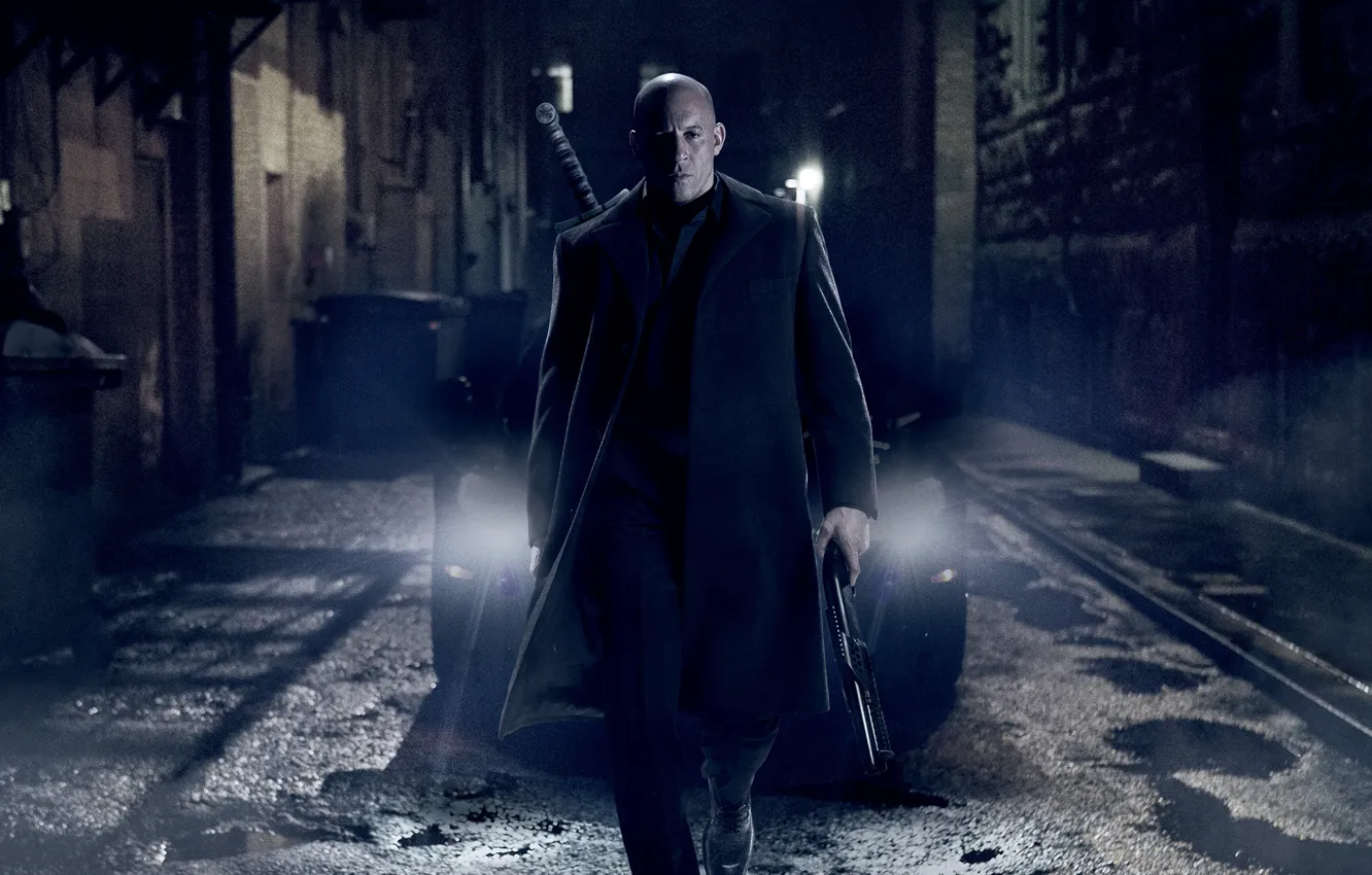 Photo wallpaper night, weapons, sword, fantasy, lane, VIN Diesel, car, shotgun