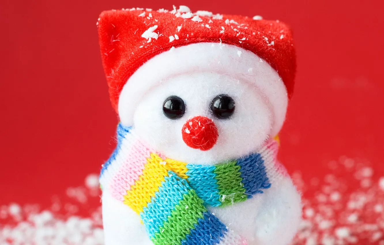 Photo wallpaper snowman, scarf, red background, cap, souvenir, artificial snow