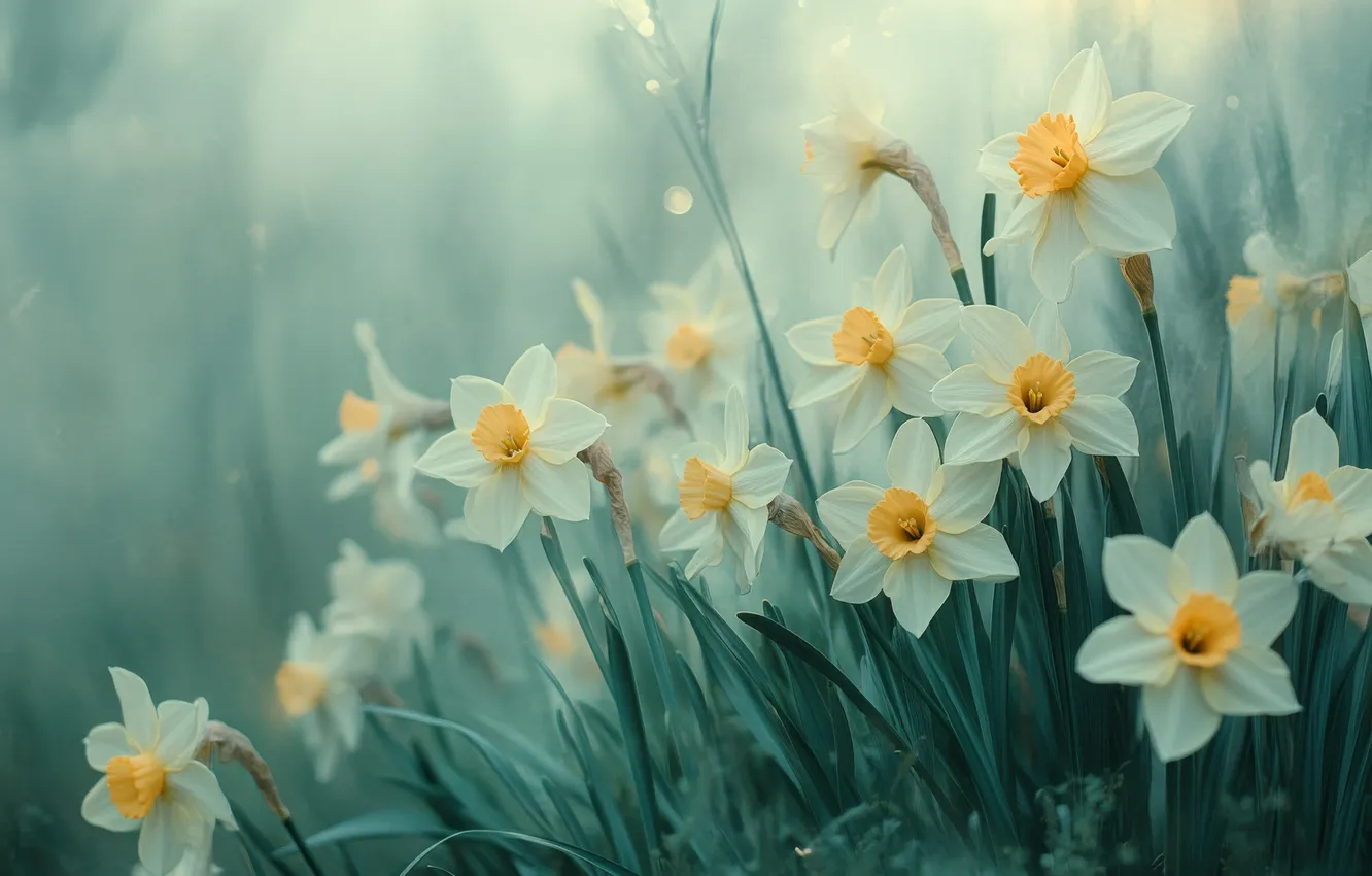 Photo wallpaper flowers, spring, white, daffodils, AI art, neural network