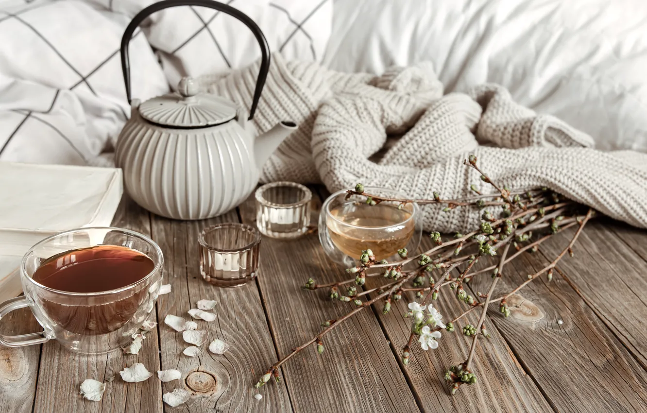 Photo wallpaper branches, comfort, heat, tea, Board, candles, petals, kettle