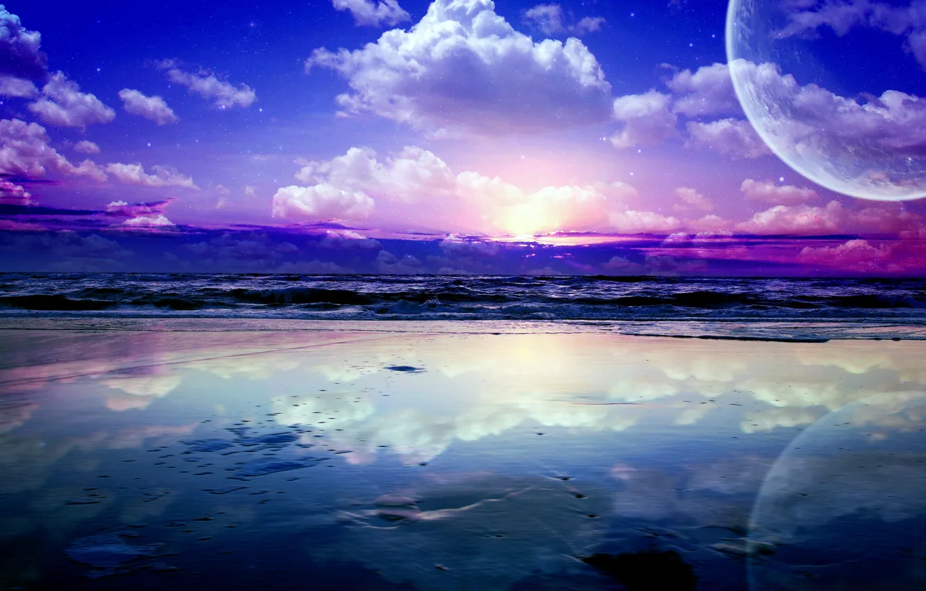 Photo wallpaper water, sunrise, the moon