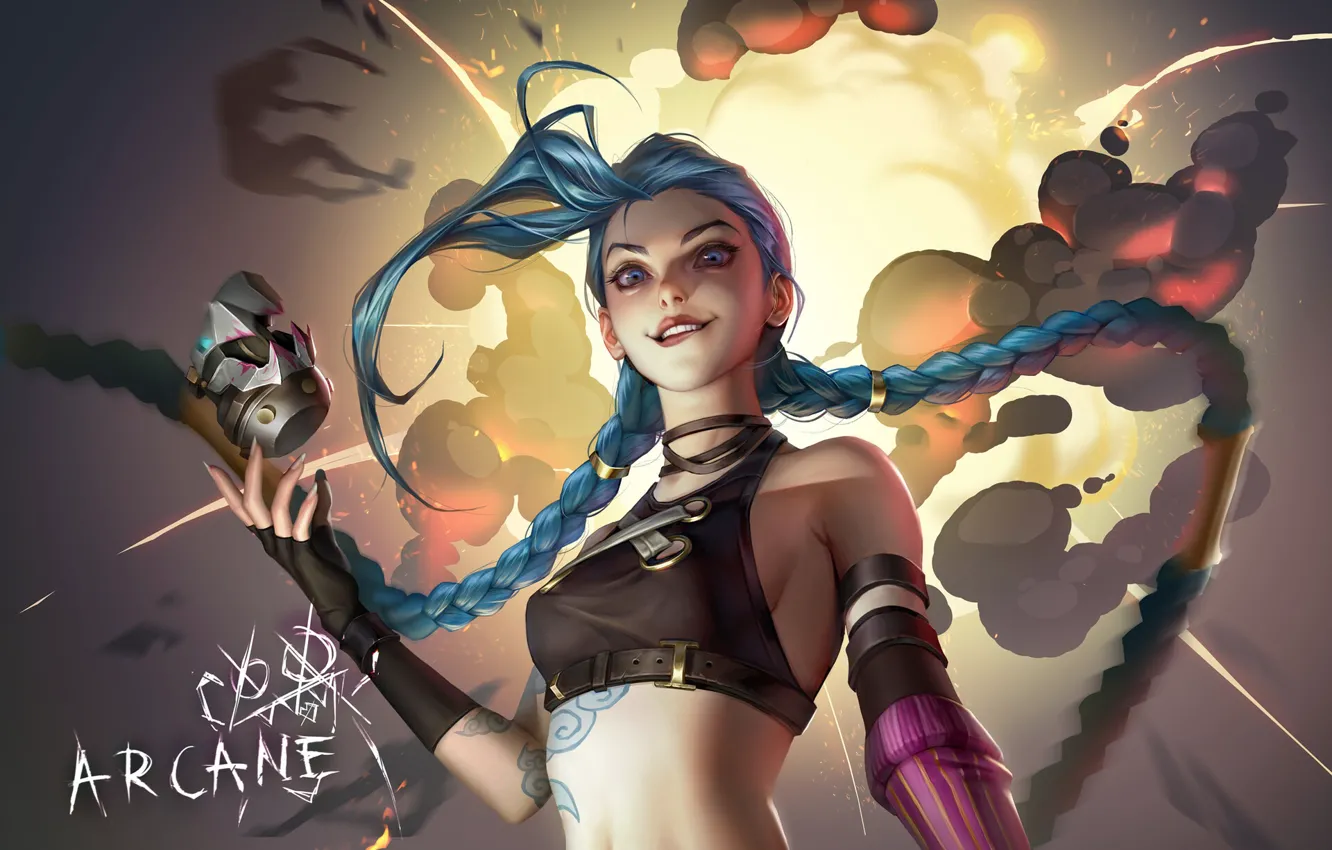 Photo wallpaper girl, art, blue hair, League of Legends, LoL, Jinx, Netflix, Arcane