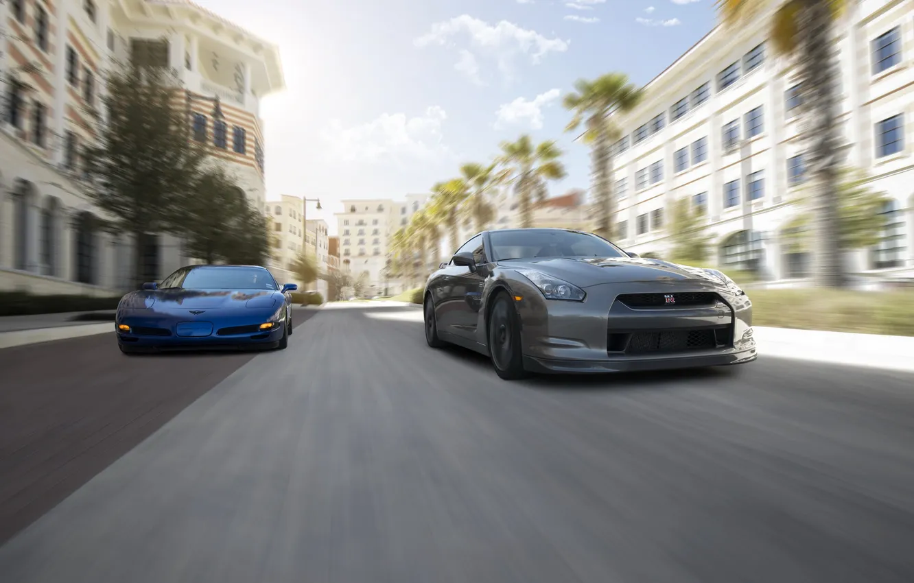 Photo wallpaper street, in motion, Chevrolet Corvette, Nissan, Corvette, Nissan GT-R