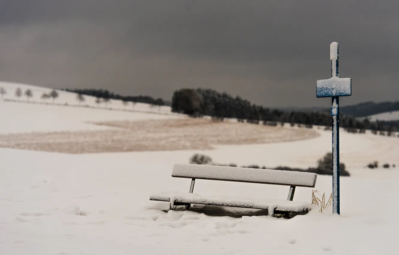 Photo wallpaper winter, snow, bench, cold, gray clouds