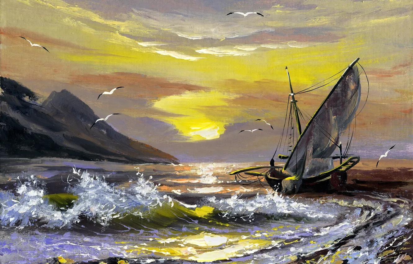 Photo wallpaper sea, wave, the sky, clouds, rocks, bird, ship, seagulls