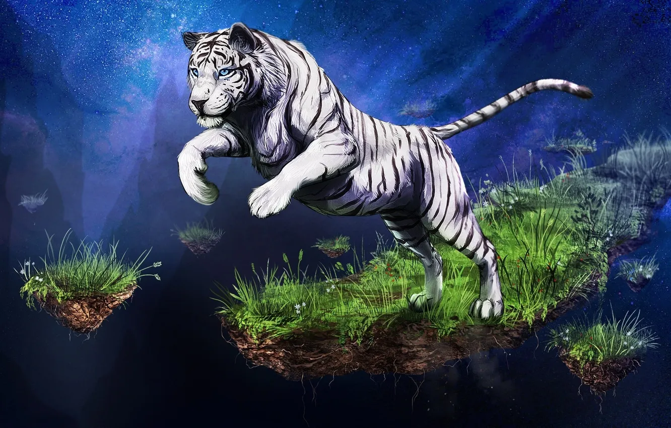 Photo wallpaper white, the sky, grass, look, stars, tiger, animal, jump