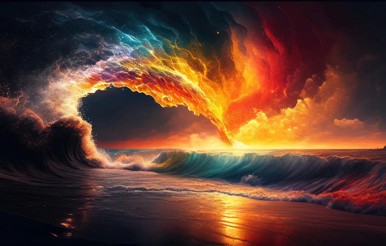 Photo wallpaper waves, beach, sunset, scenery, digital art, AI Generated