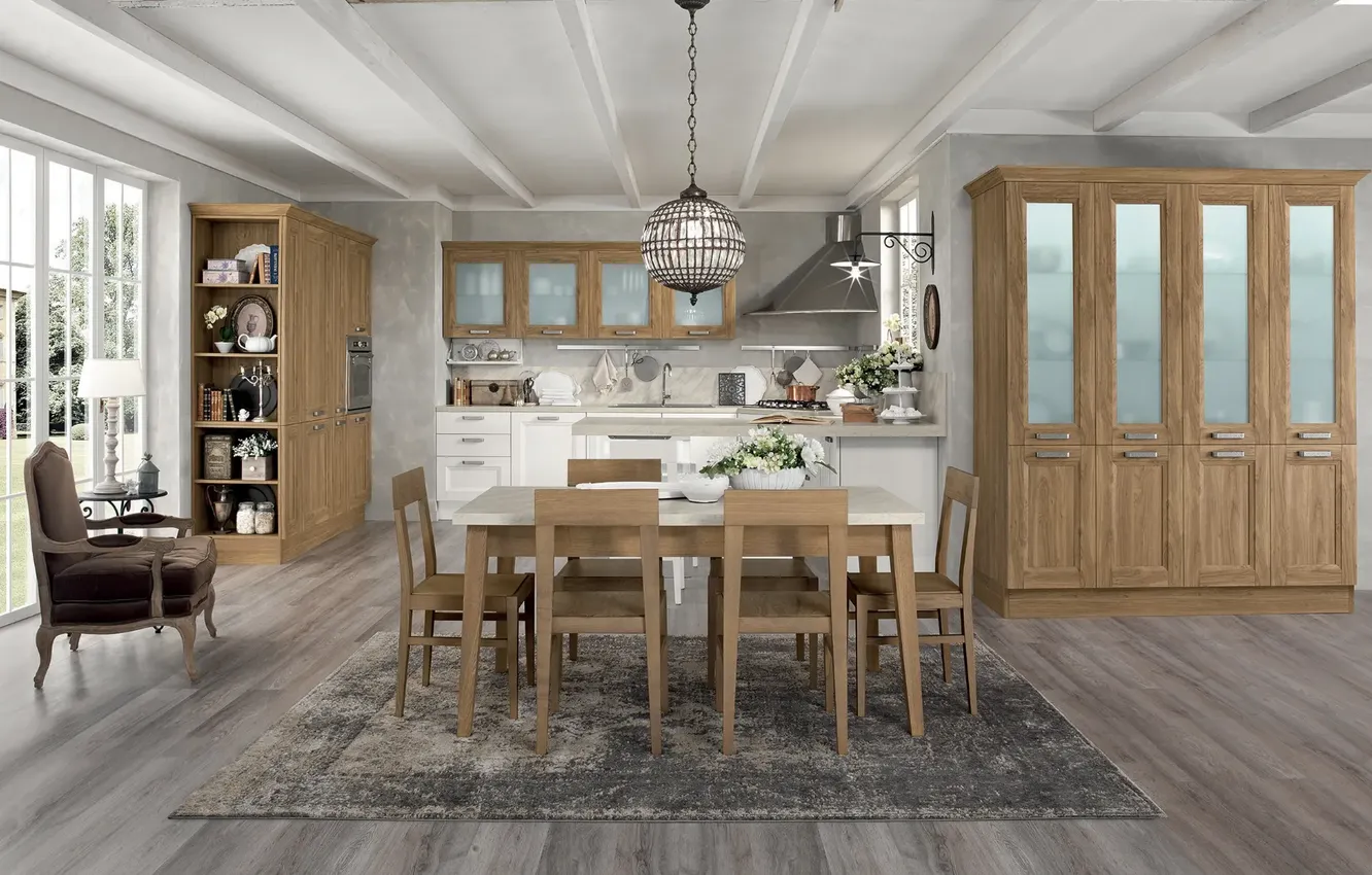 Photo wallpaper style, Villa, interior, Italy, kitchen, dining room, dining area, Italian design