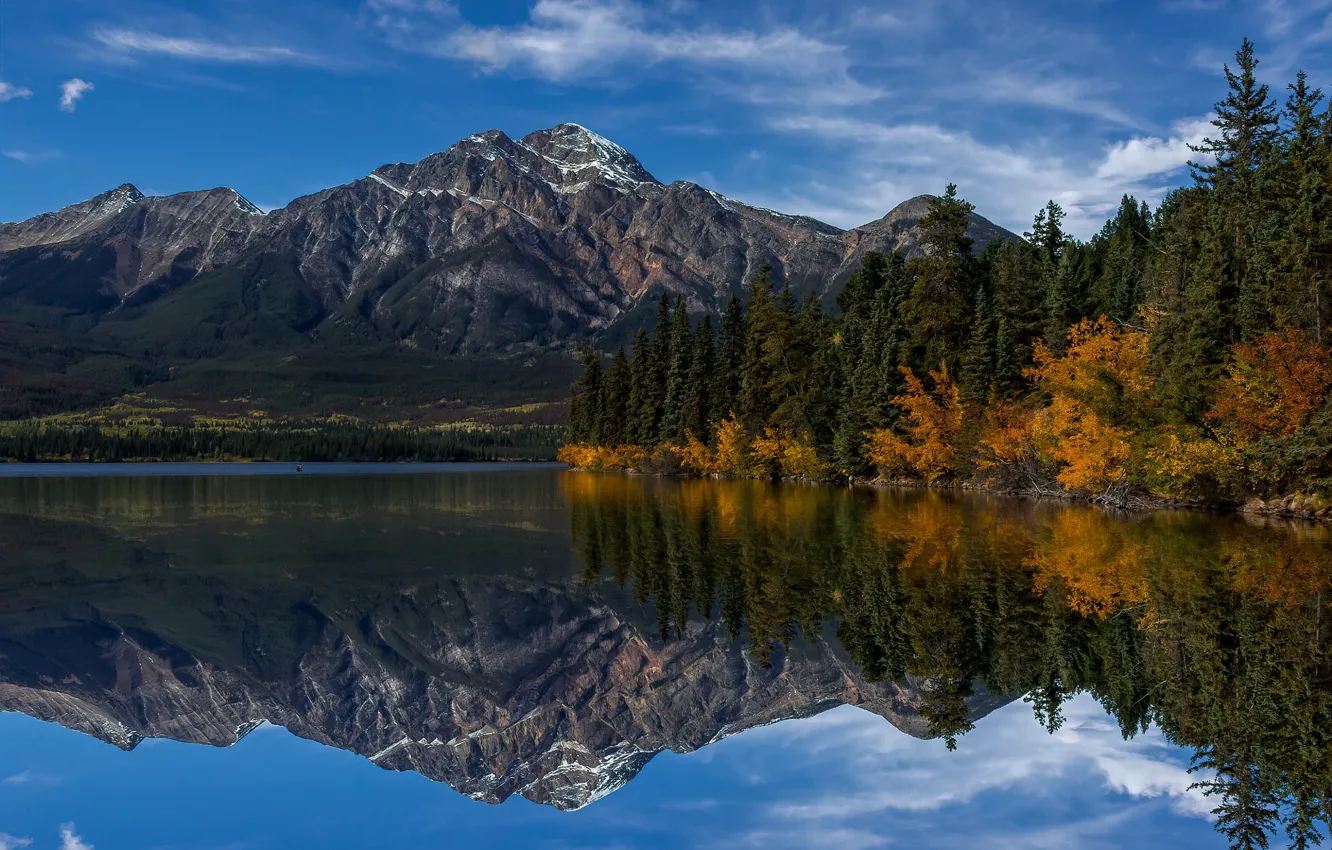 Photo wallpaper forest, trees, mountains, lake, reflection, shore, Canada, Albert