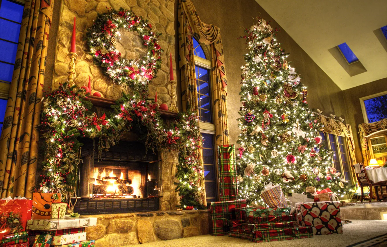 Photo wallpaper house, new year, gifts, tree, fireplace