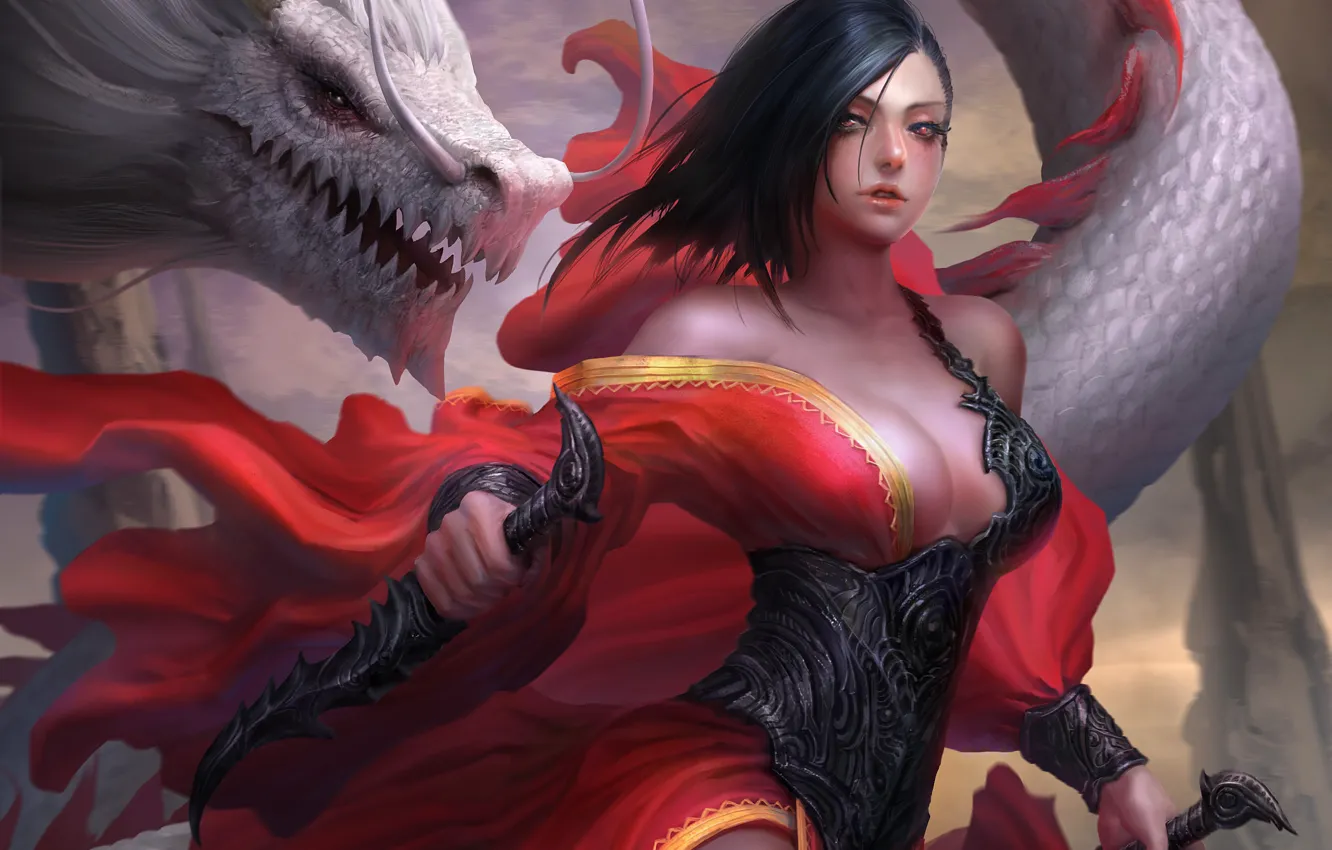 Photo wallpaper look, girl, weapons, dragon, dress, art, fantasy