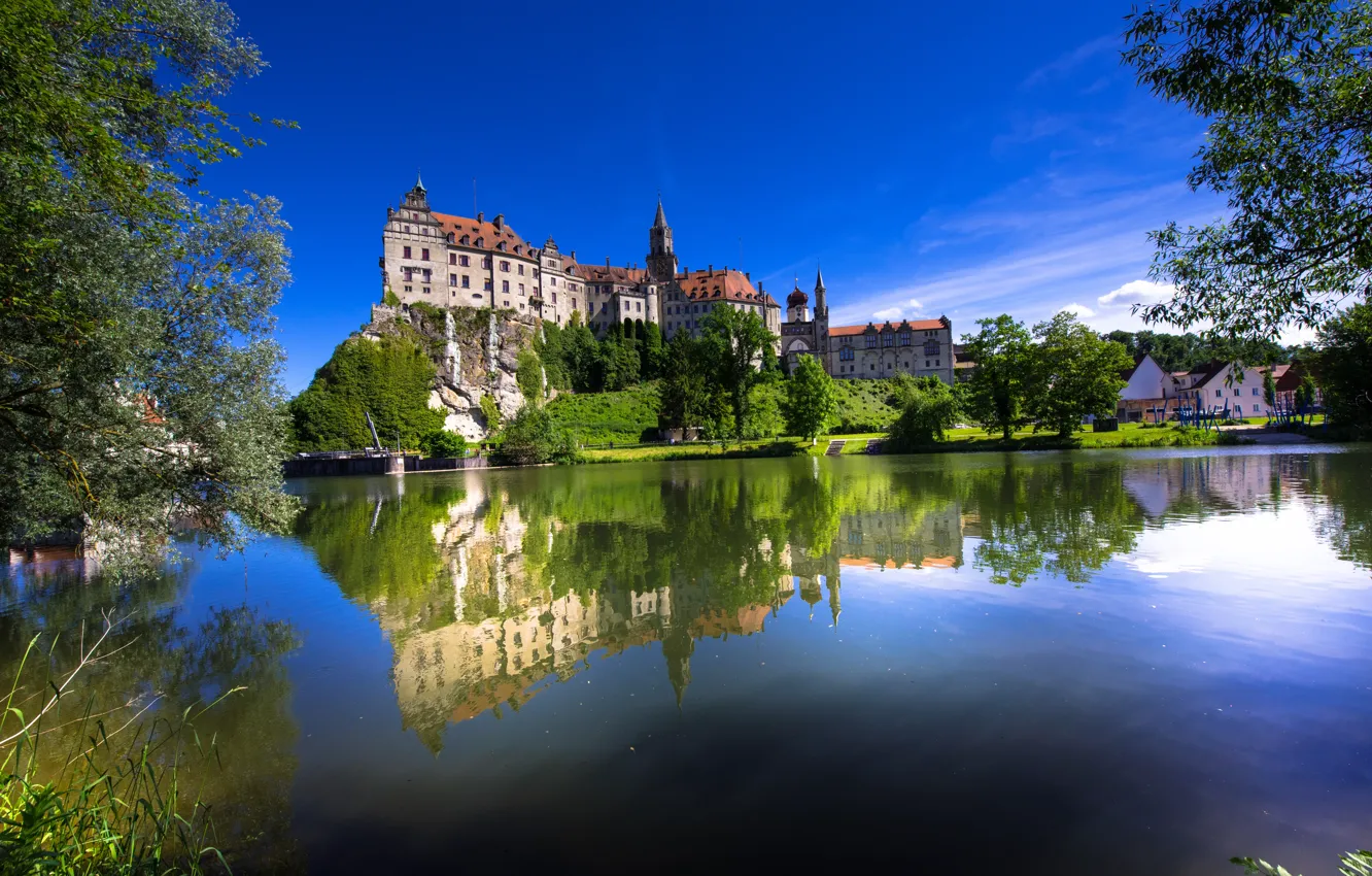 Photo wallpaper trees, rock, reflection, river, castle, Germany, Germany, Baden-Württemberg