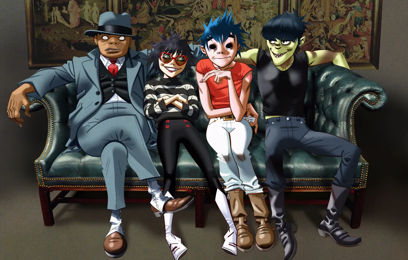 Photo wallpaper style, music, sofa, group, art, gorillaz, Russel Hobbs, noodle