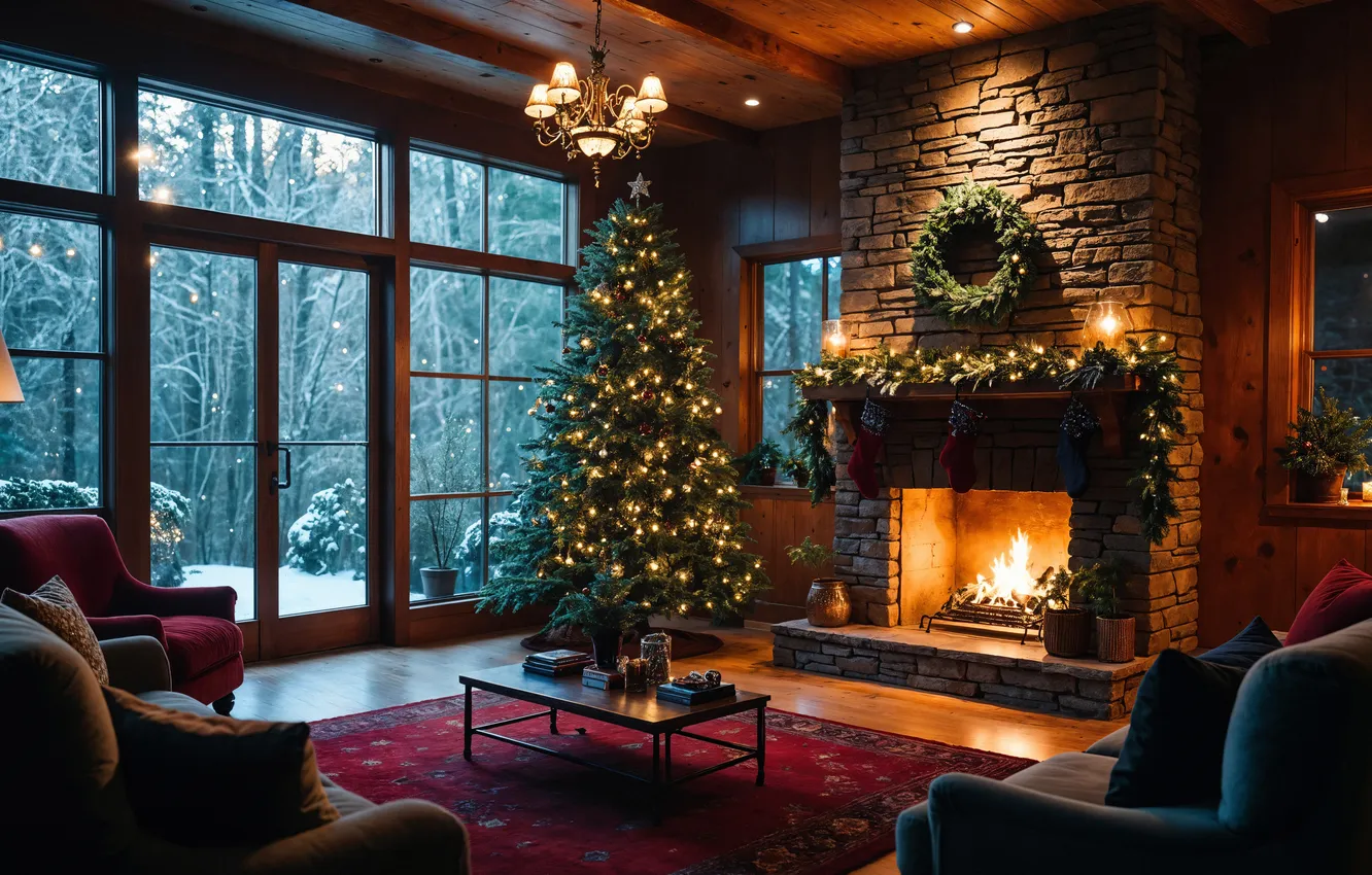 Photo wallpaper room, tree, new year, interior, Christmas, Christmas, view, tree