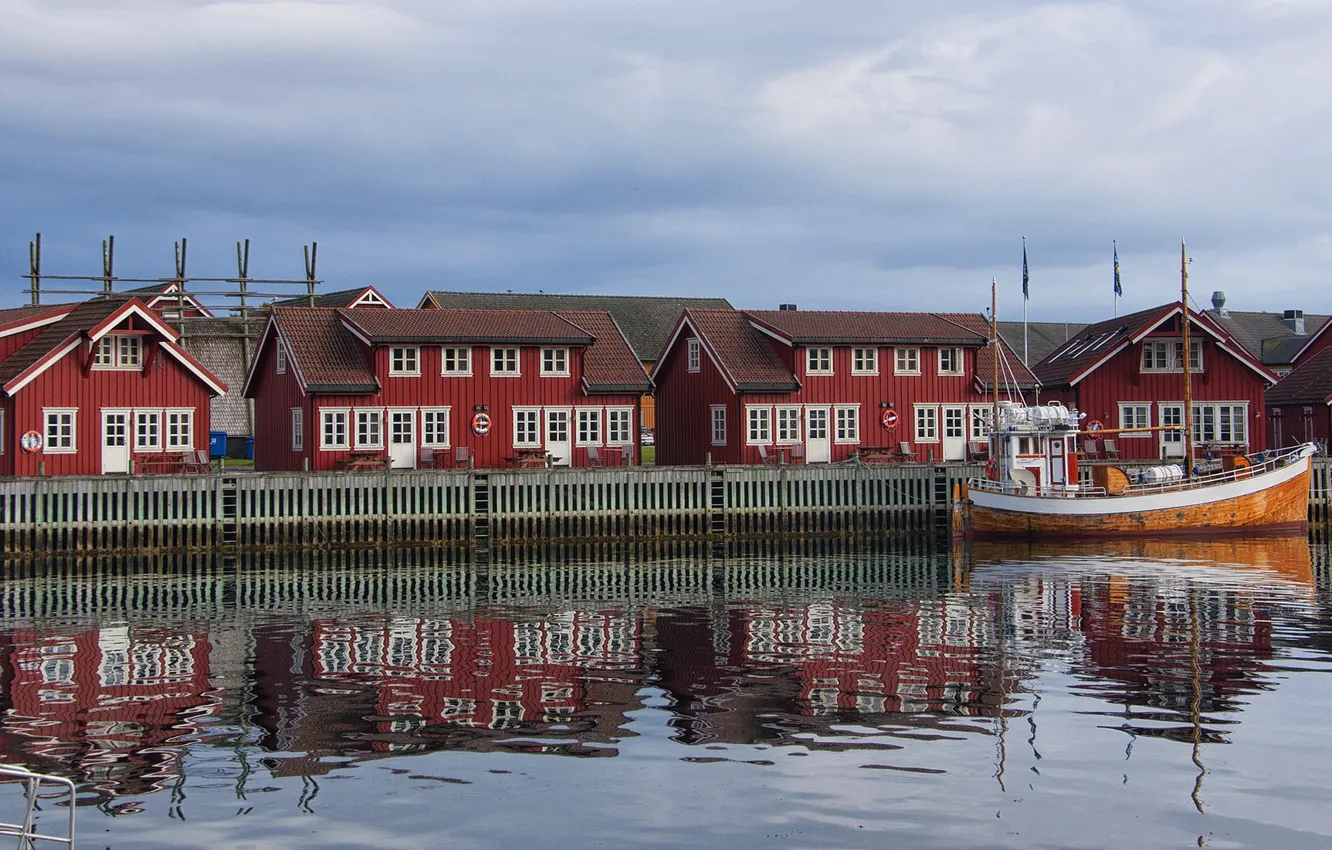 Photo wallpaper boat, Norway, tourism, Lofoten islands, fishing shack, Svolvaer
