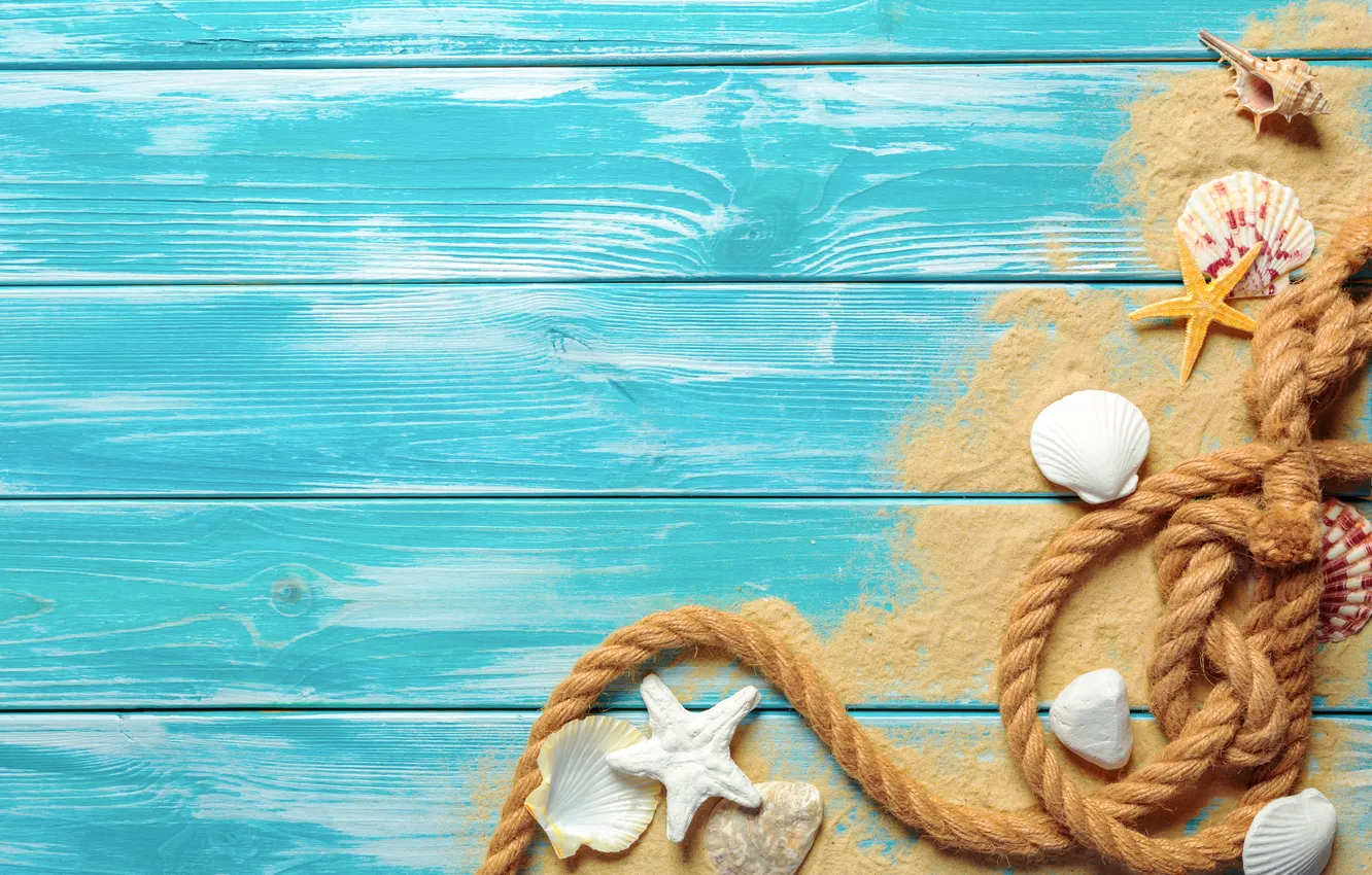Photo wallpaper sand, background, shell, beach, wood, background, sand, seashells