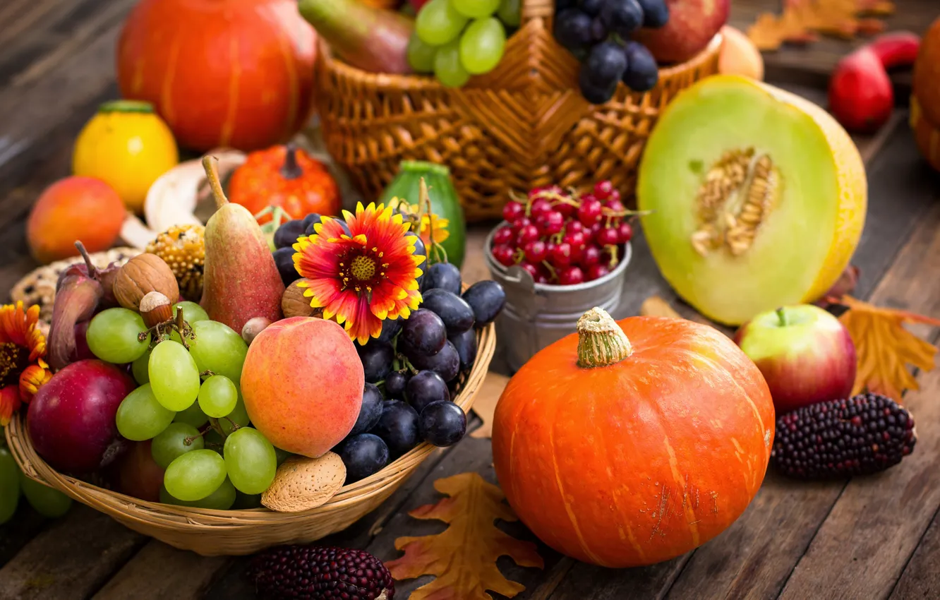 Photo wallpaper autumn, leaves, apples, grapes, pumpkin, peaches, autumn, grapes