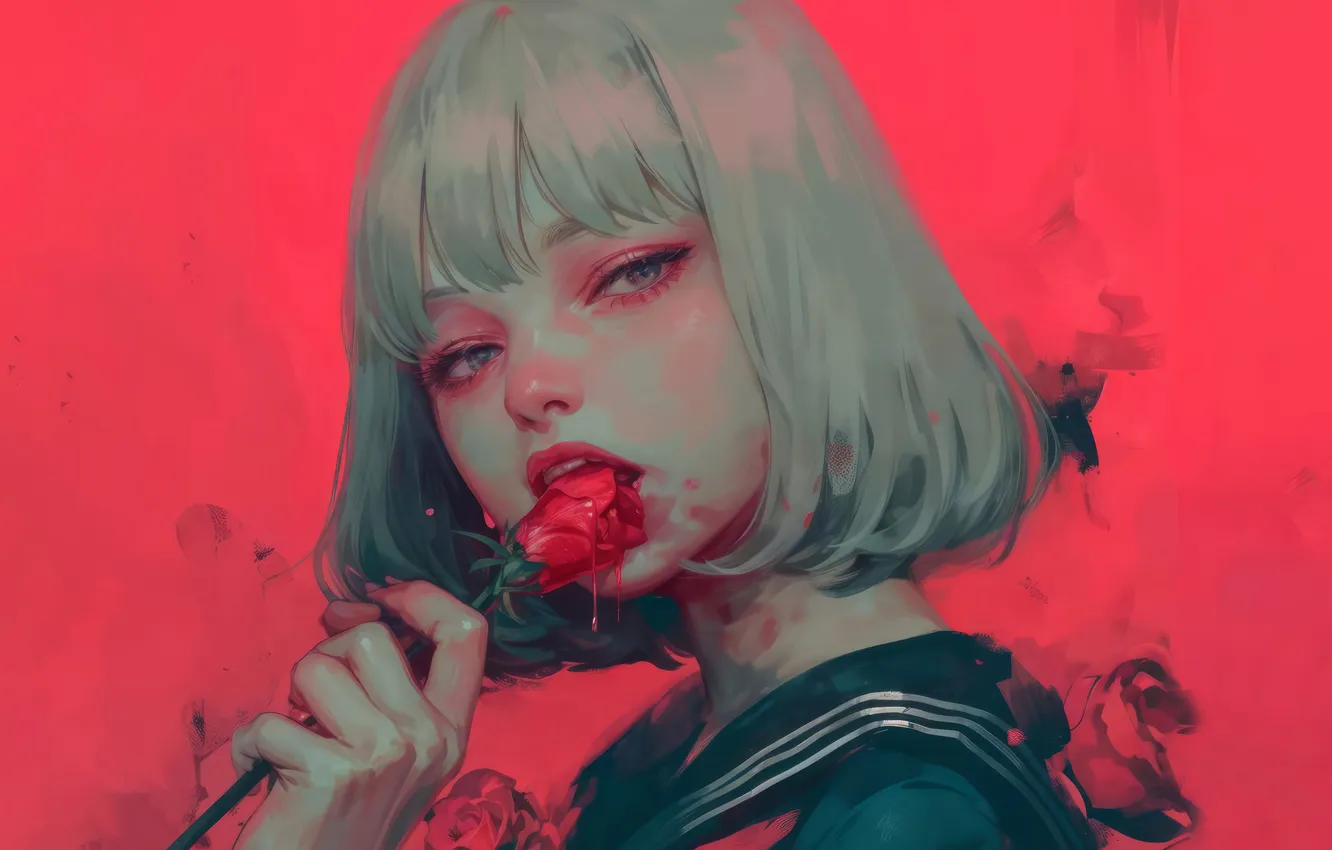 Photo wallpaper rose, short hair, anime girls, red background