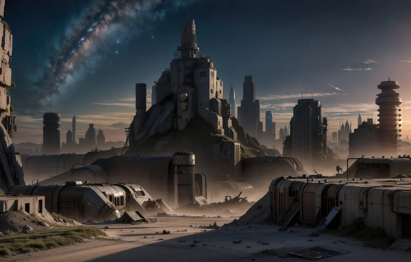 Photo wallpaper landscape, futuristic, wasteland, AND BE, Stable Diffusion, Neuronet, AI Art, fallen utopia