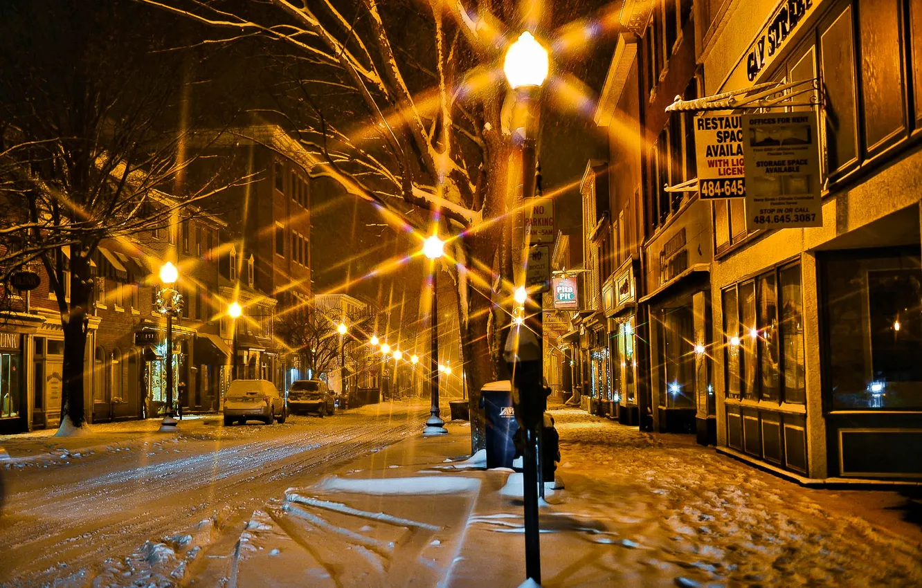 Photo wallpaper winter, road, snow, night, city, the city, lights, lights