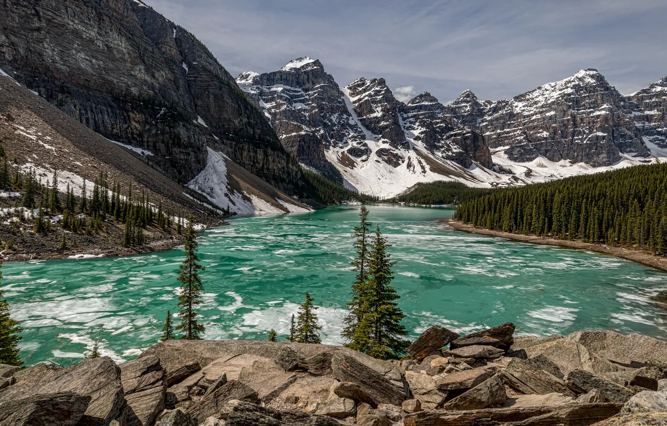 Photo wallpaper ice, winter, forest, the sky, water, snow, mountains, green