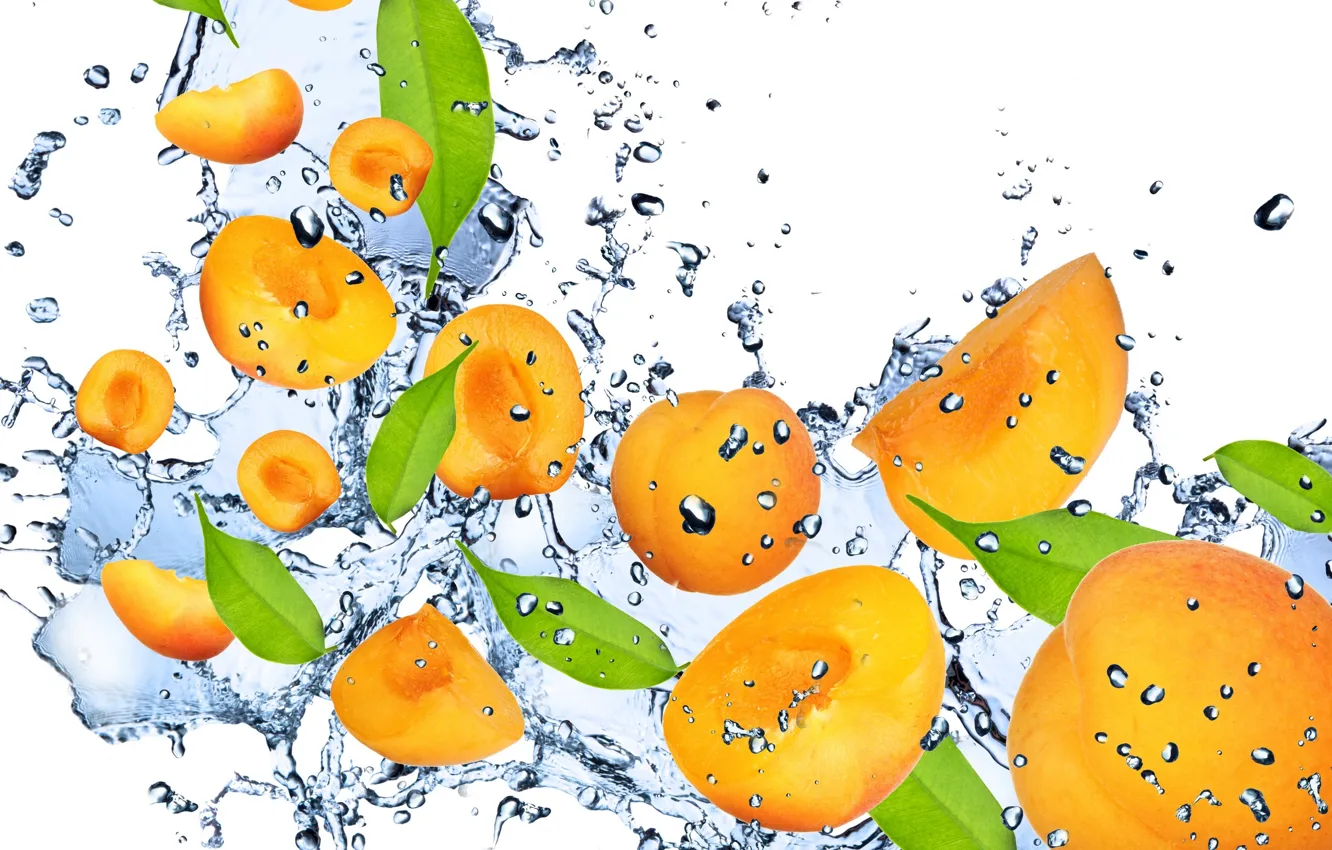 Photo wallpaper water, drops, squirt, freshness, orange, fruit, apricot, water