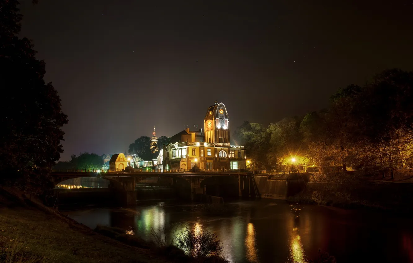 Photo wallpaper night, bridge, river, building, home, Czech Republic, The Czech Republic, Republic