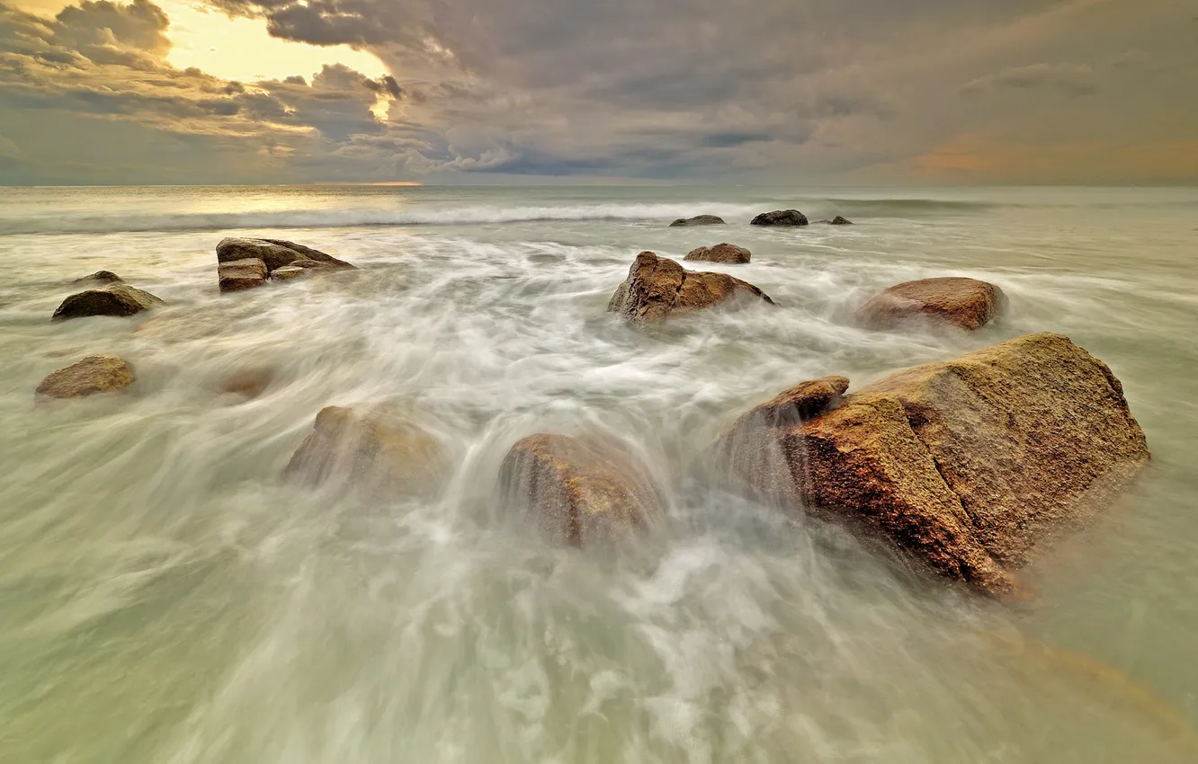 Photo wallpaper sea, wave, sunset, stones
